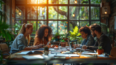 A group of people are gathered around a table inside a greenhouse, enjoying leisure activities and sharing art while having fun during the eventの素材