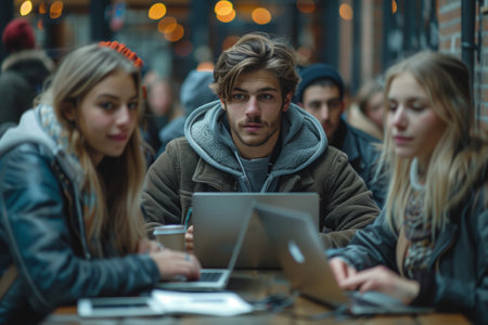 A crowd of young people is gathered around a table, sharing laptops and engaging in conversation. The event looks fun and lively as they sit and interact with each otherの素材