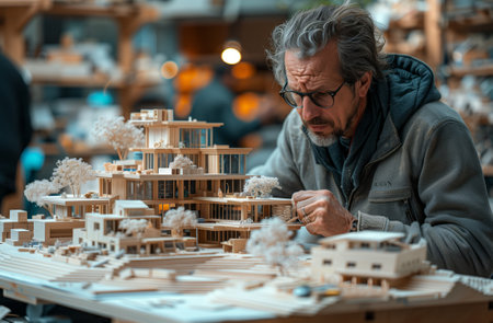 An artisan is sitting at a table working on an engineering model of a city building, combining science, art, and leisure in his recreationの素材
