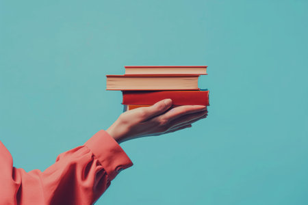 The persons wrist is strained from carrying a stack of books. The books have tints and shades of electric blue and magenta covers, forming a rectangle in their handの素材