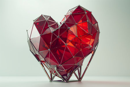 Amber triangles form a red heart in a symmetrical pattern on a white surface. This unique piece of creative arts could be used as a fashion accessory or jewellery in electric blue and magenta colorsの素材