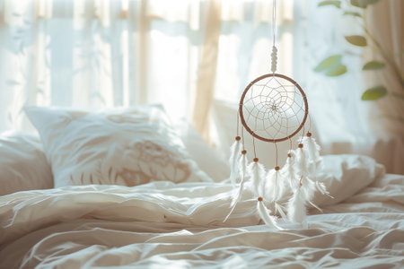 A wooden dream catcher made of twigs hangs above a bed with hardwood flooring. It adds an artistic touch to the bedroom decor, complementing the linens and beddingの素材