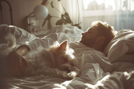 A man is peacefully sleeping in bed with a cat, finding comfort in the presence of the carnivore. The felines whiskers and fur provide a sense of calm in the roomの素材