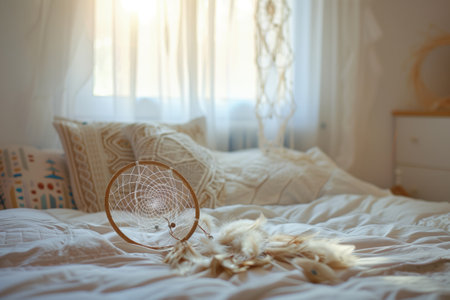 A dream catcher is elegantly displayed as part of the interior design on top of a comfortable bed frame in a bedroom. The wood furniture and flooring add a cozy feel to the roomの素材