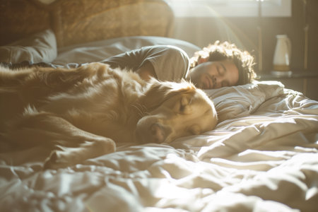 A man is peacefully sleeping on a comfortable bed with his carnivore companion dog, a fawncolored dog breed from the Sporting Group, a terrestial animal known for its loyaltyの素材