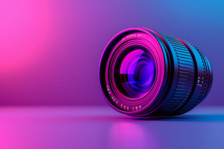 A close up of a camera lens on a purple and electric blue background, creating a vibrant mix of magenta and violet hues in a circular shape. Perfect for cameras optics enthusiastsの素材