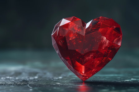 A red heartshaped diamond rests on a table, resembling a delicate petal in a natural landscape. Its magenta hue glistens like water, highlighting the fluidity of its artistryの素材