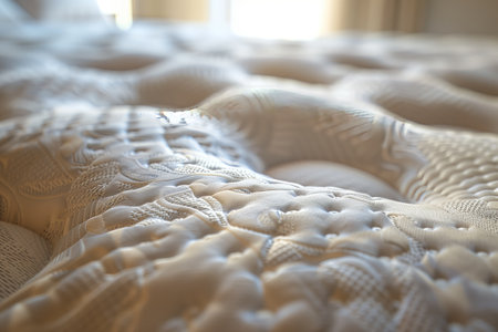 A closeup of a comfortable white mattress on a bed, with a pattern resembling wildlife landscape. The wood frame contrasts with the terrestrial animal fur and snake plant designの素材