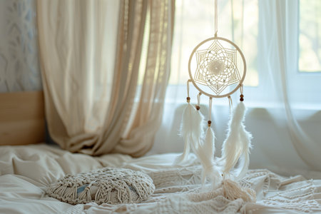 A dream catcher hangs above a bed near a window in a cozy bedroom with wooden flooring. The window treatment with curtains adds a touch of comfort to the interior design of the roomの素材