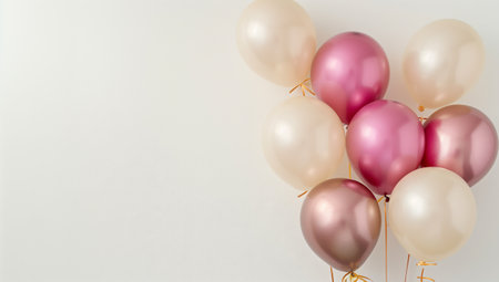 A variety of pink and white balloons made from natural materials hang as creative arts on a white wall, resembling jewelry pieces in shades of magenta and peach, creating a fashionable event decorの素材