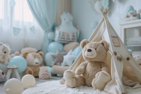 Interior design art featuring a teddy bear toy sitting in a teepee inside a childs room, surrounded by wood, fur curtains, and a cozy atmosphereの素材
