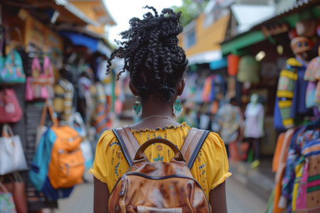 A woman with a backpack is browsing through a bustling market street filled with art, tradition, and fashion design. The citys vibrant crowd adds to the lively shopping eventの素材
