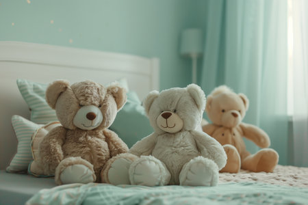 Three vertebrate mammal toys, known as teddy bears, are artfully placed on a bed in a room. Their plush fur gives them a lifelike appearance as they sit together in a cozy arrangementの素材