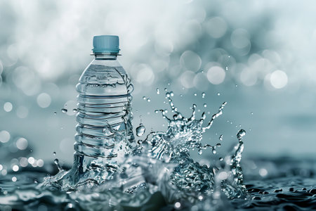 A bottle of mineral water is splashing into the liquid. The drinkware is being submerged in the water, creating ripples around the plantの素材