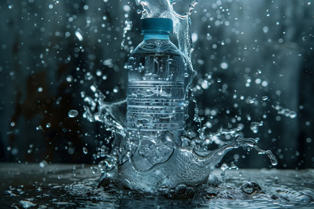 A liquid container made of transparent material is splashing water on a glass table in a city, creating a font of refreshing liquid in the freezing darkness of winterの素材