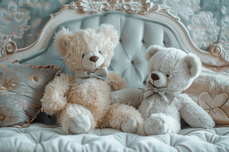 Two stuffed toy bears are sitting on a bed. The carnivore organisms have furry patterns and snouts, resembling terrestrial animals in the wildlifeの素材