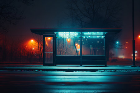 The bus stops rectangular facade is lit up with electric blue automotive lighting, cutting through the darkness of the snowy midnight sceneの素材