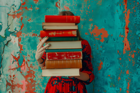A woman is obscuring her face with a stack of books in shades of aqua and magenta, showcasing a blend of blue and green tints on the textile coversの素材