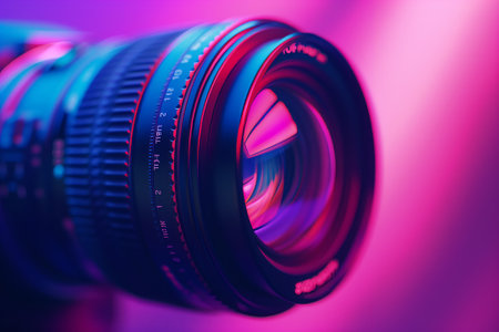 A close up shot of a camera lens against a vibrant purple background, showcasing the colorfulness and beauty of the lens. The image evokes a sense of flash photography and camera accessoriesの素材