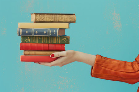 The womans electric blue nails contrasted with the magenta font on the engineering publication she held firmly in her wrist, her thumb resting gently on the edge of the rectangular book stackの素材