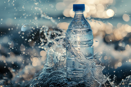 A plastic bottle of electric blue liquid, known as drinking water, is splashing on a rock in the natural worldの素材
