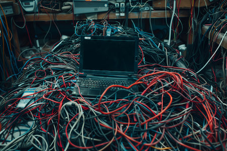 A laptop computer is placed on a stack of cables, amidst circuit components and electrical wiring. This setup resembles a blend of engineering and computer hardware technologyの素材