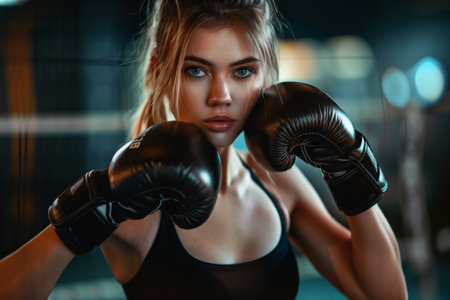 A blond woman with strong arm muscles and toned thighs is wearing boxing gloves in a ring, ready for a boxing event with flash photographyの素材