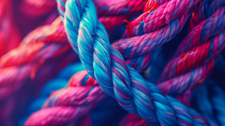 A closeup shot of a variety of colorful ropes including Purple, Azure, Blue, Pink, Violet, Red, Aqua, and Magenta. The ropes are made of textile materialの素材