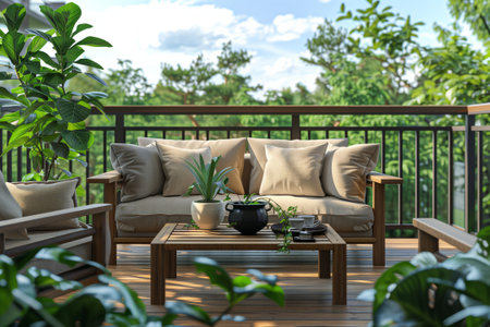 A balcony adorned with outdoor furniture including a couch, chairs, and a table surrounded by potted plants, with views of the sky and nearby buildingsの素材