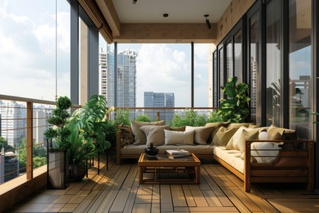 A cozy balcony with a wooden couch, coffee table, and potted plants, perfect for enjoying the view of the sky and grass in front of the buildingの素材