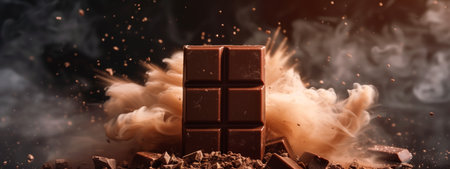 The chocolate bar exploded in a smoky room, filling the building with heat and darkness, creating an unexpected event in the city landscapeの素材