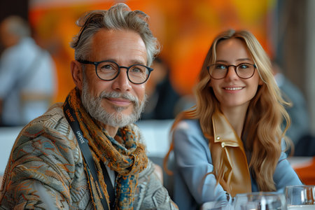 A happy man and woman wearing glasses are sitting at a restaurant table, sharing a meal and smiling. Their eyewear compliments their facial expressionsの素材