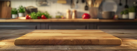 A rectangular wooden cutting board is placed on a hardwood table in front of a kitchen counter, creating a contrasting and rustic look with the wood stainの素材