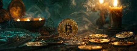 A bitcoin sits atop a table stacked with gold coins in a city skyscraper, overlooking a stunning landscape painting with clouds in the ceilingの素材