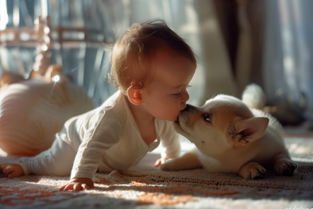 A toddler is sharing a sweet moment with a dog by kissing its nose on the comfortable wood flooring of the room. A fun and heartwarming interaction between child and petの素材