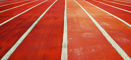 A hardwood track with red and white lines for track and field athletics. The parallel lines on the wood flooring resemble a traditional asphalt track, adding a unique touch to sports eventsの素材