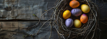 A springthemed still life photography of a bird nest with colorful Easter eggs resting on a wooden table, surrounded by natural materials like twigs and grassの素材