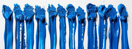 A row of blue paint brushes on a white surface, resembling a circuit component or electronic device with a watercolor gesture, office supplies in electric blue and violet huesの素材