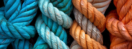 A close up of three different colored ropes stacked on top of each other, featuring electric blue, patterned wool, and woolen fiber threadsの素材