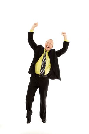 Businessman raises his hands and gestures successの写真素材