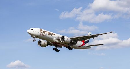 London - April 2015: Emirates Sky Cargo Plane Landing Approachのeditorial素材