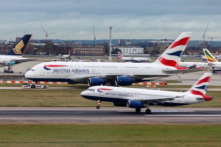 London, England - Circa 2019 : British Airways Airbus A380 Aircraft G-XLED at London Heathrow Airportのeditorial素材
