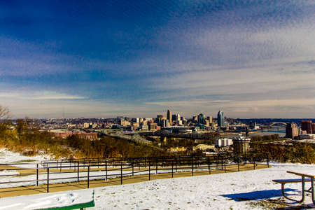 Cincinnati, Ohio seen after a light snow from Devou Park, Kentuckyの写真素材