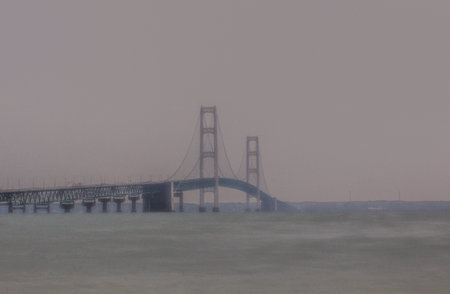 Mackinac Bridge in summer seen from the northの写真素材