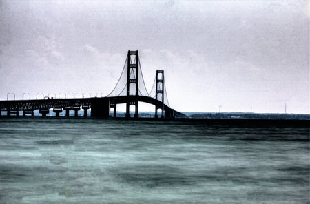 Mackinac Bridge in summer seen from the northの写真素材