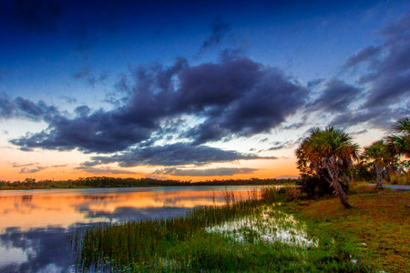 View of Sunset at Lake Zobel, Fort Pierce, Floridaの写真素材
