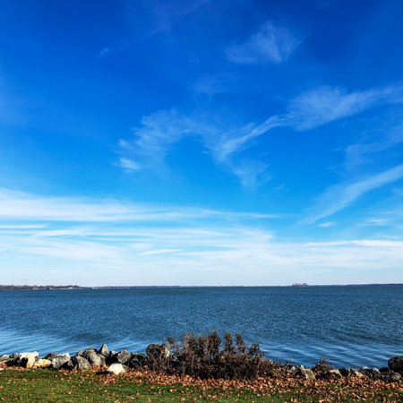 Sunny Day in Autumn Over Grand Lake St. Marys, Ohioの写真素材