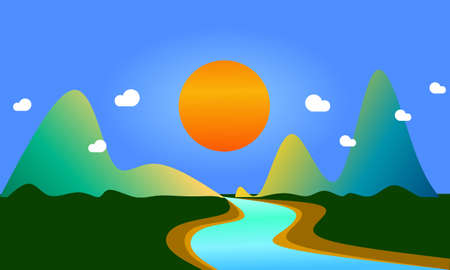 vector illustration, river view, two ridges and sun with some cloudsのイラスト素材