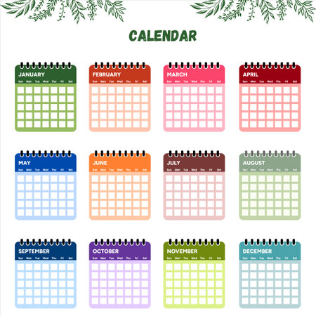 Calendar. Year calendar. Month. Year. Monthly calendar. Calendar for a year. Empty calendar. Colorful Calendarのイラスト素材