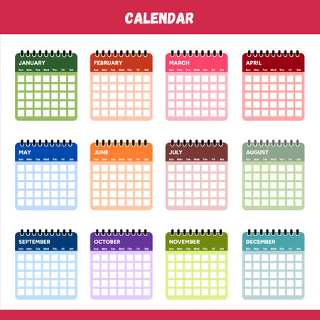 Calendar. Year calendar. Month. Year. Monthly calendar. Calendar for a year. Empty calendar. Colorful Calendarのイラスト素材